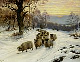 Shepherd Canvas Paintings - A Shepherd and his Flock on a Path in Winter